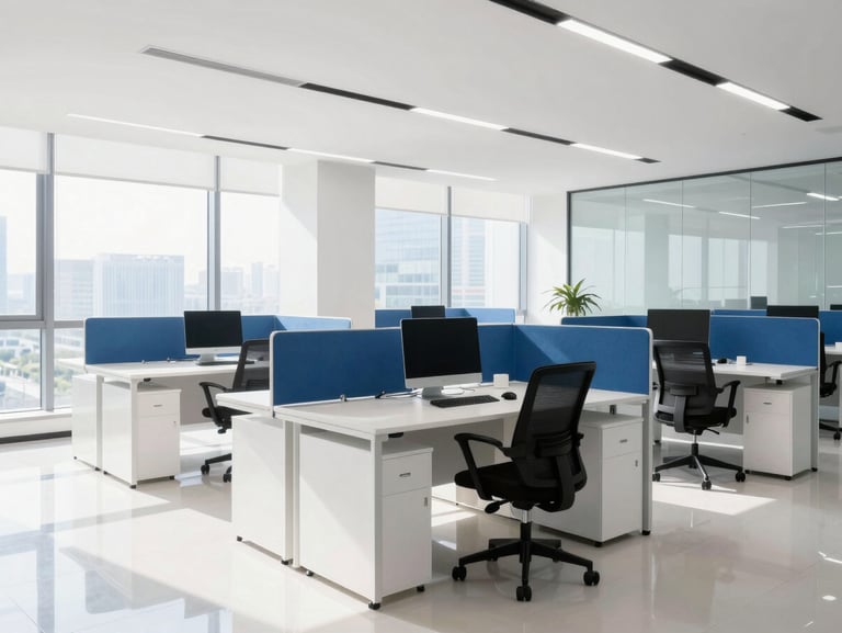 Bright modern office interior with immaculate desks, clean glass partitions, and natural daylight streaming through large windows