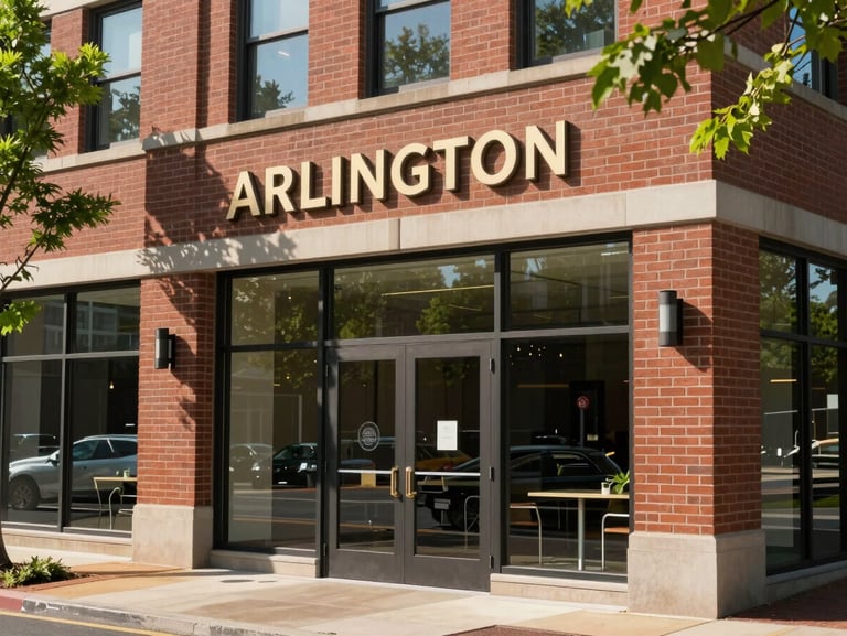 Bright natural daylight photo of a modern brick storefront office in Arlington, Virginia, clean glass windows, green trees casting soft shadows, daytime