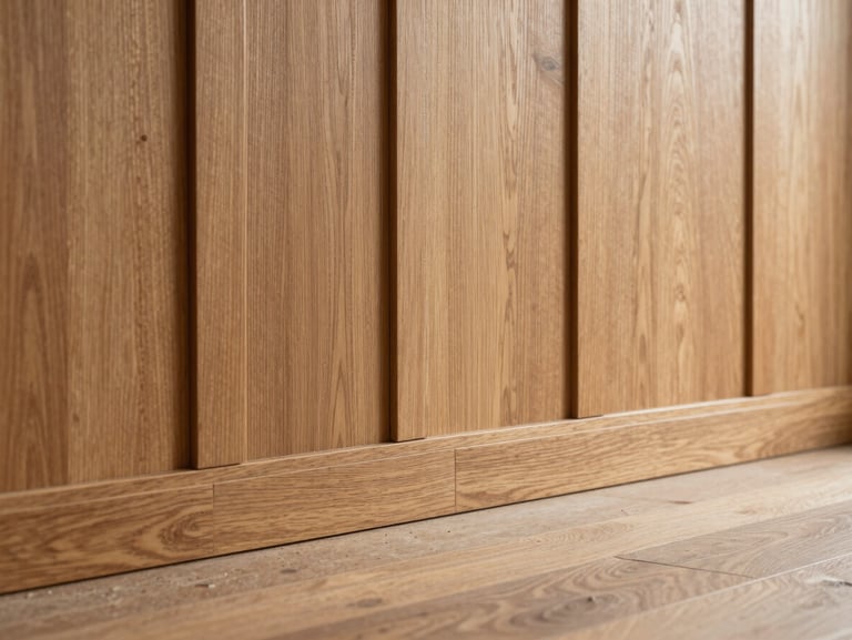 Bespoke floor-to-ceiling oak wall paneling, precise shadow gaps, warm natural light highlighting the wood grain, 35mm