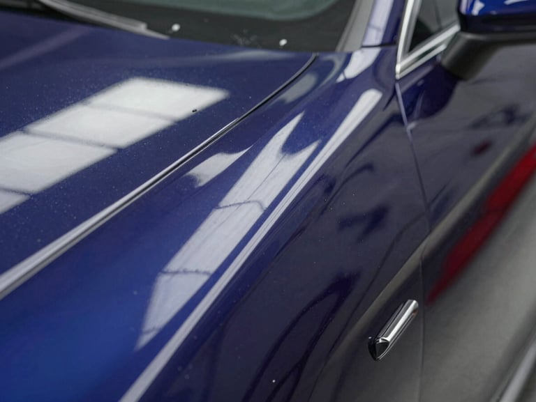 Extreme close-up of panel curves showing perfect dent reflection lines before and after paintless dent repair, high-contrast studio lighting