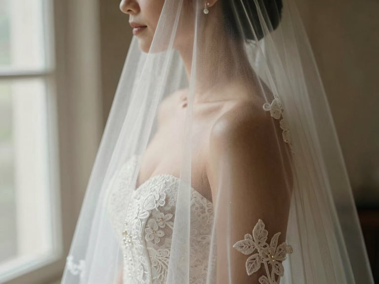 Close-up editorial crop of a bride's sheer veil catching soft natural window light, delicate lace details, warm-toned film grading.