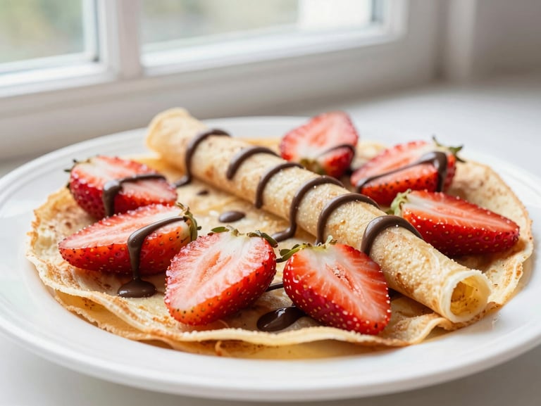 A freshly folded sweet crepe topped with sliced strawberries and a drizzle of chocolate, bright natural side-light.