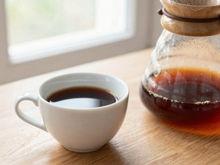 Close-up of a freshly brewed cup of black coffee next to a Chemex carafe on a wooden table, soft window light.