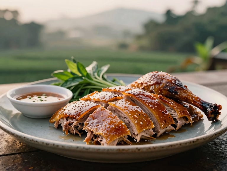 Close-up of Vietnamese roasted duck with glossy golden-brown skin, sliced on a rustic ceramic plate, herbs and local dipping sauce nearby, warm atmospheric lighting.