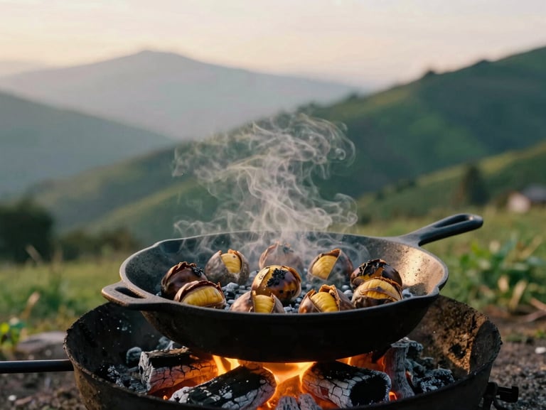 Roasted chestnuts cracking open on a hot cast iron skillet over charcoal embers, steam rising, warm golden glow, rustic mountain kitchen setting.