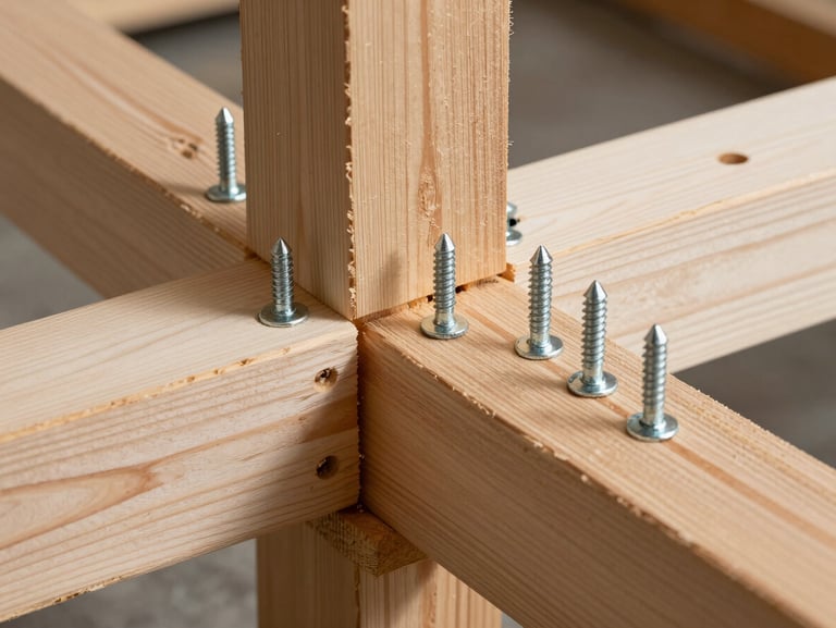 Macro shot of a heavy timber connection, showing perfectly flush joist hangers and heavy-duty galvanized structural screws driven into raw cedar.