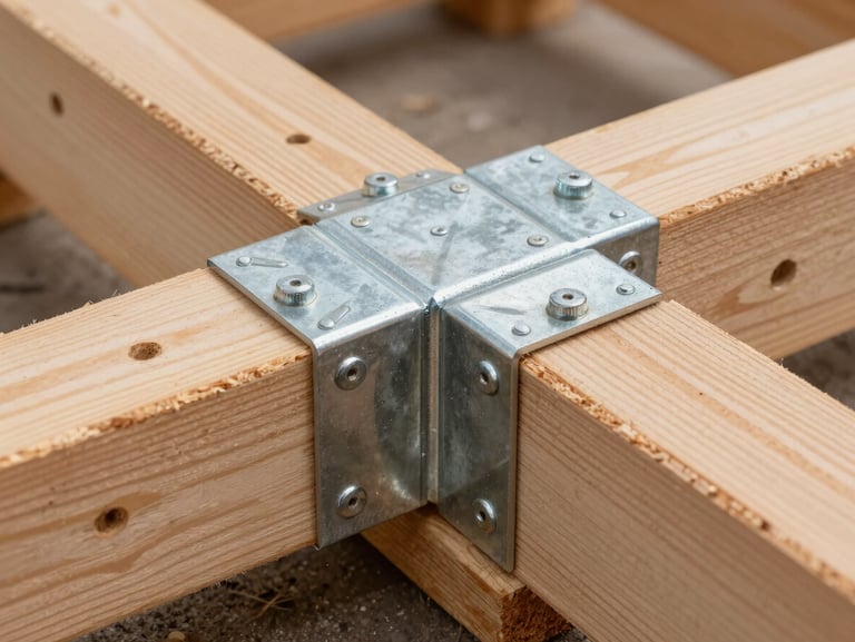 Macro shot of newly installed pressure-treated lumber joists, heavy-duty galvanized structural connectors, and flawless ledger flashing.