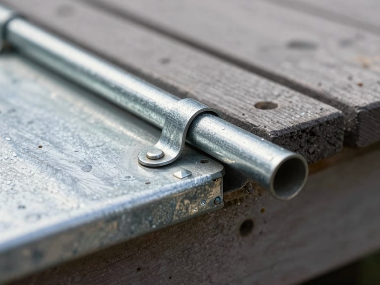 Macro close-up of galvanized steel ledger flashing and structural tension ties securing a deck ledger board to a residential foundation, sharp focus, technical detail.