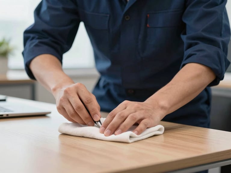 A close-up of a professional cleaning technician in a clean navy uniform sanitizing a modern office desk, high-clarity daylight, focused composition.