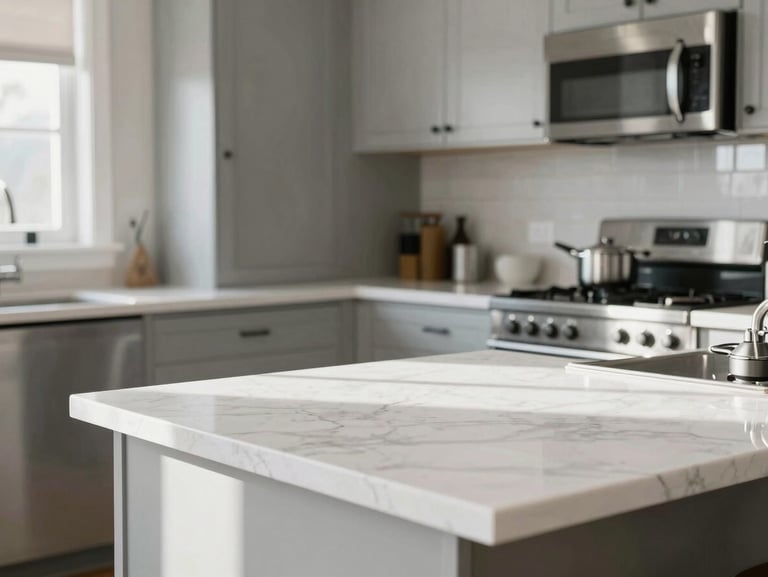 Bright, natural light illuminating a clean residential kitchen with polished white marble countertops and organized stainless steel appliances.