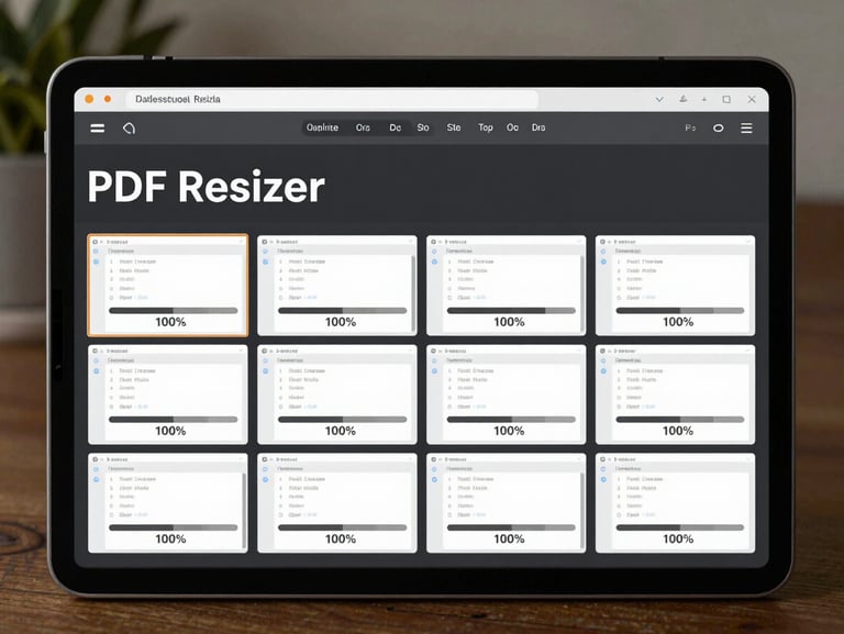 High-fidelity UI screengrab of the PDF Resizer interface, showing a clean drag-and-drop zone with a grid of 12 files processing simultaneously, progress bars at 100%, crisp monospaced typography