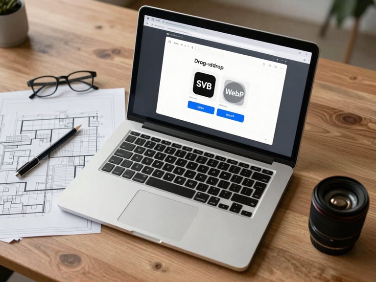 Top-down clean blueprint desk setup with a laptop showing a simple, high-fidelity drag-and-drop file conversion interface with SVG and WebP badges.