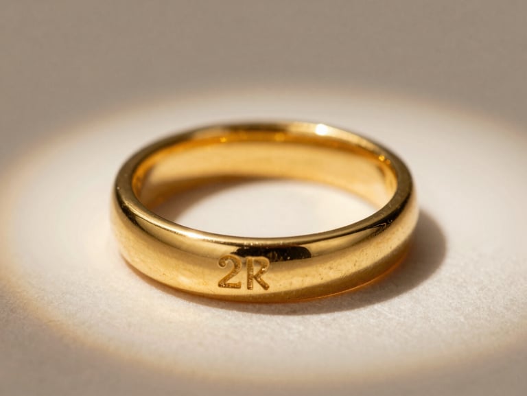 Macro close-up of a laser-etched hallmark on the inner band of a 22k gold ring, soft showroom spotlight catching the metallic gleam