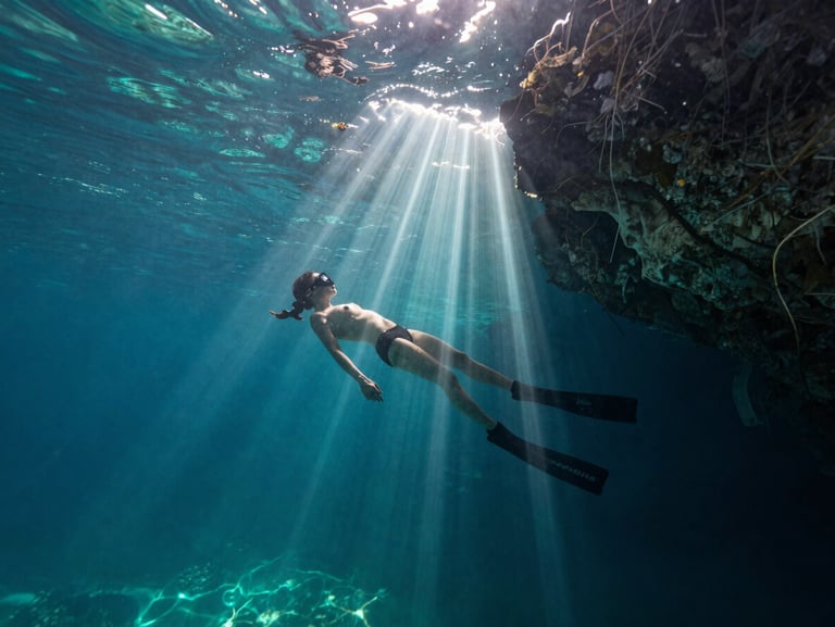 A diver floating inside a cenote, silhouetted against brilliant laser-like sunbeams cutting through crystal-clear turquoise water.