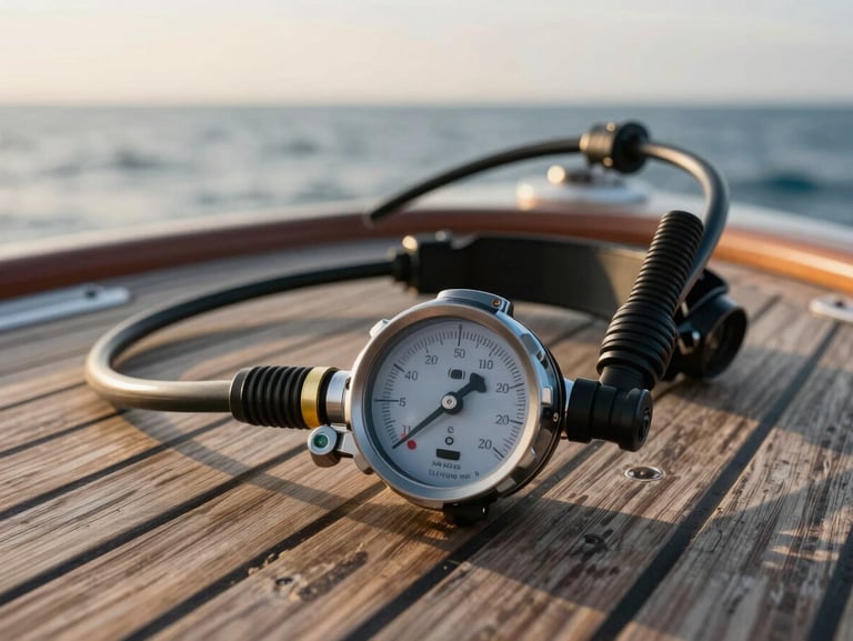Close-up of professional diving equipment, a regulator and depth gauge resting on a sun-bleached wooden boat deck, soft golden hour lighting, ocean background.