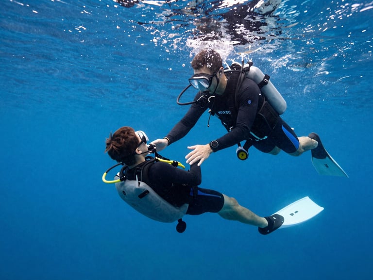 Diving instructor guiding a student underwater, both in perfect trim, clear blue water, demonstrating safety skills.