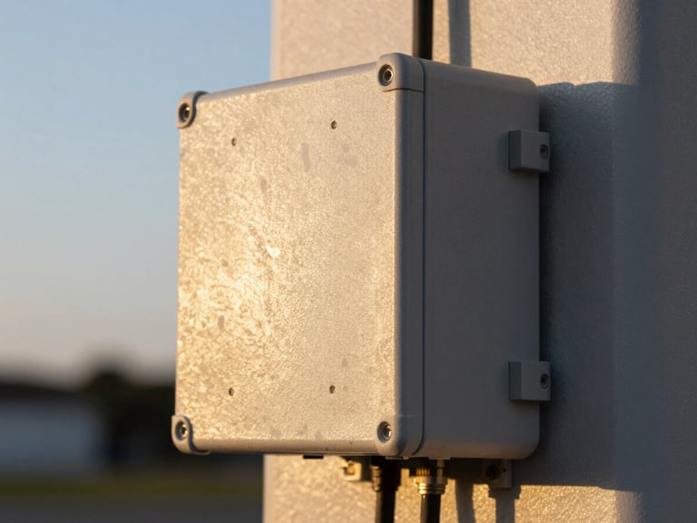 Close-up of a ruggedised IoT field device mounted on outdoor infrastructure, weathered housing showing real deployment conditions, golden hour sidelight casting long shadow across the enclosure