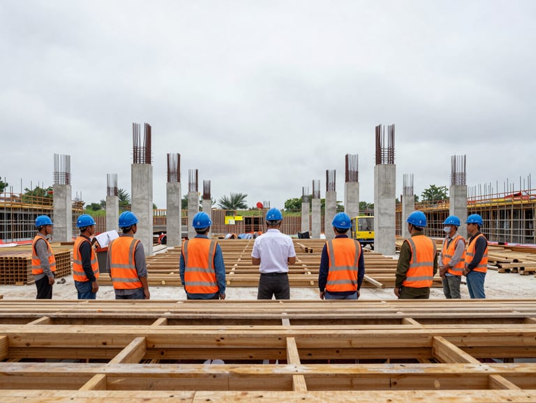 Wide-angle photograph of an active construction site in Vietnam, workers in branded blue safety helmets and orange vests standing during a ground-breaking ceremony, overcast daylight, structural concrete pillars in the background