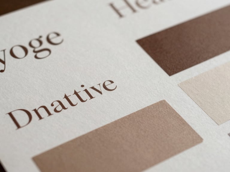 A set of custom-designed brand guidelines printed on matte recycled paper, showing elegant serif typography and warm earthy color swatches.