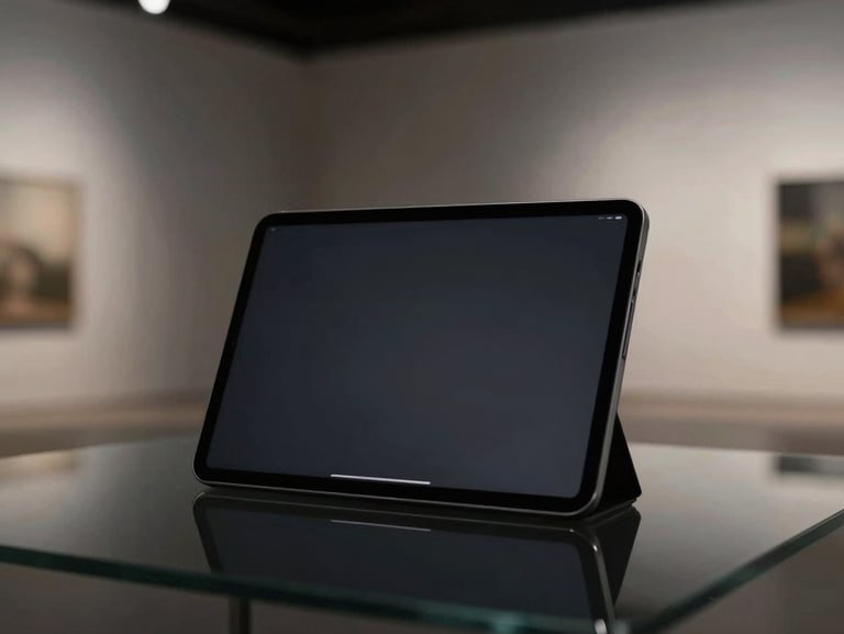 Minimalist digital interface displayed on a high-fidelity matte black tablet screen, placed on a dark glass table reflecting soft gallery lighting.