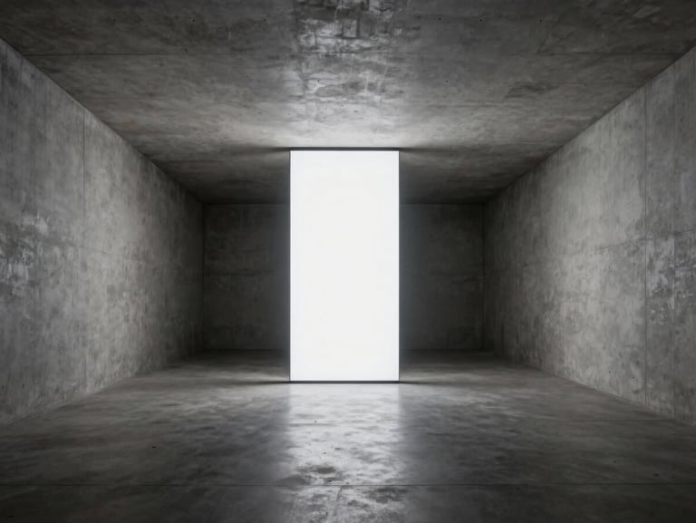 Wide architectural crop of a minimalist concrete gallery space with a single glowing digital installation in the center, high-contrast shadows.