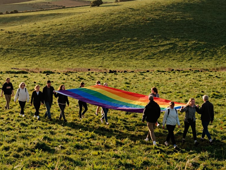 A wide-angle candid shot of a diverse group of people walking together through a rolling green field in Berkshire, holding a large, original eight-stripe rainbow flag catching the wind, warm golden-hour light.