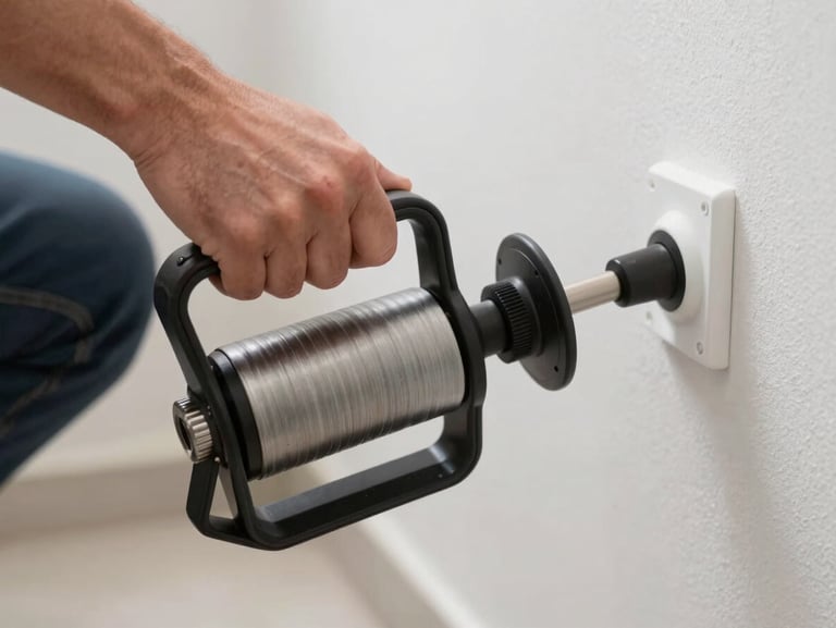 Técnico especializado utilizando equipamento de desentupimento rotativo em tubulação residencial, iluminação clara e ambiente limpo.