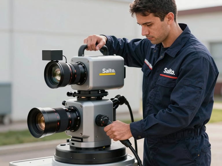 A professional technician in a clean navy uniform operating a modern hydro-jetting machine, focused expression, sharp realistic lighting, outdoor setting in Salto.