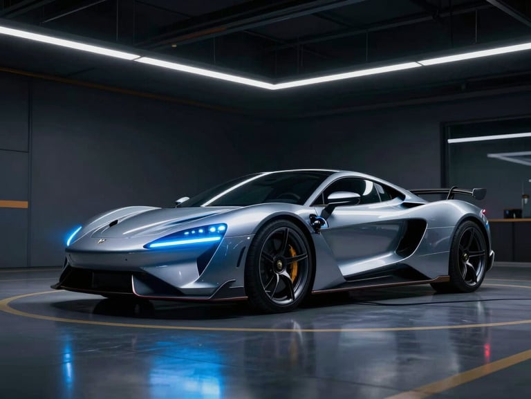 F1-inspired electric supercar charging in a futuristic hangar, sharp blue LED headlights, overhead dramatic lighting.