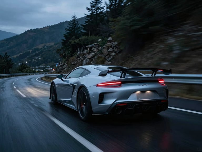 Cinematic low-angle rolling shot of a silver supercar accelerating on a wet mountain pass at dusk, motion blur, taillight glow.