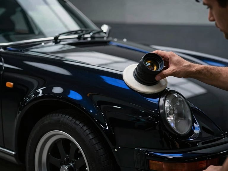 Macro shot of a detailing specialist polishing the fender of a classic black sports car, perfect paint reflections, studio lighting.
