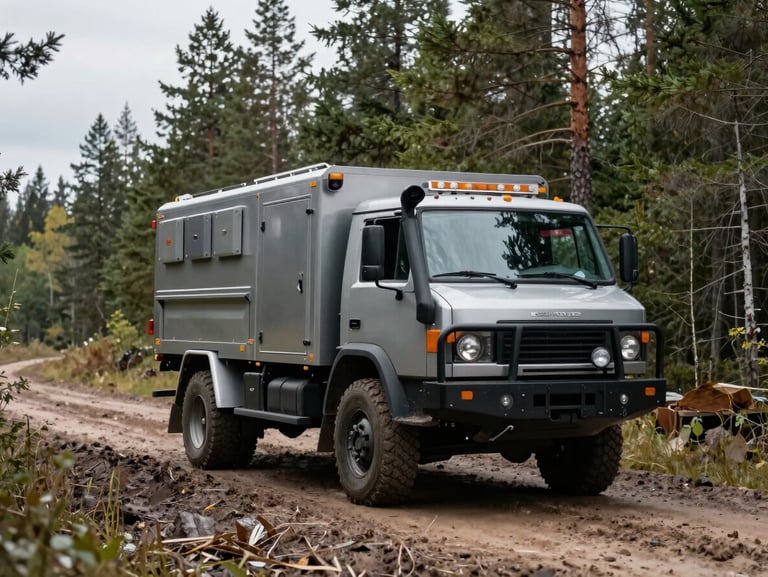 A customized all-terrain 4x4 service truck with heavy steel racks and utility boxes, driving through a muddy forest path in Northern Minnesota, overcast daylight.