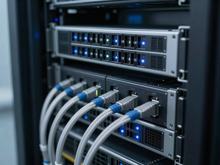 Macro close-up of neatly routed server racks in a cool-toned modern data center, subtle blue LED indicator glows, clean and organized cabling.