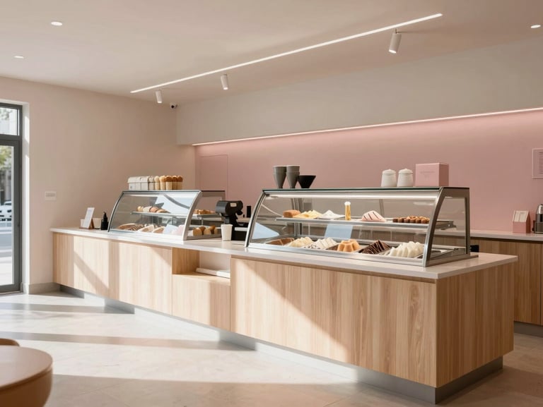 Wide, airy shot of a modern minimalist ice cream shop interior, bathed in bright natural daylight, clean light wood counters and soft pink accents.
