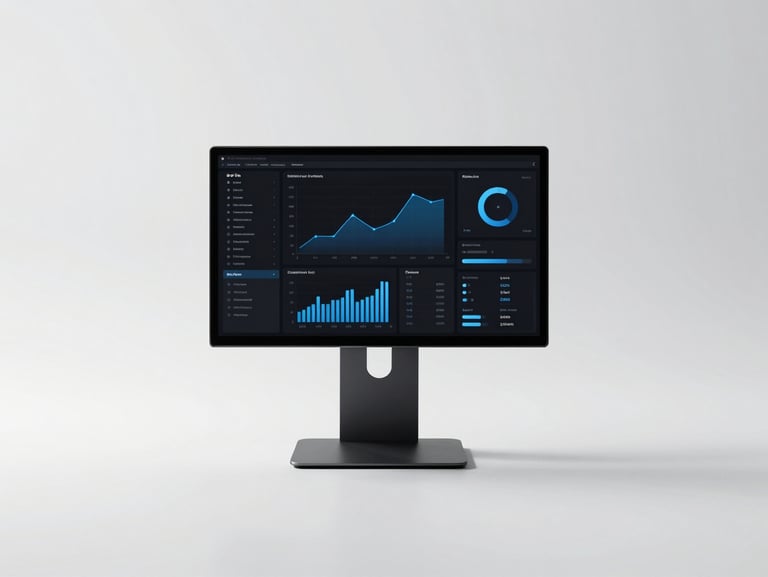 Minimalist tech workspace with a single screen displaying high-contrast analytics, cool-toned high-key studio lighting, sharp shadows, stark monochrome with electric blue accents, 35mm