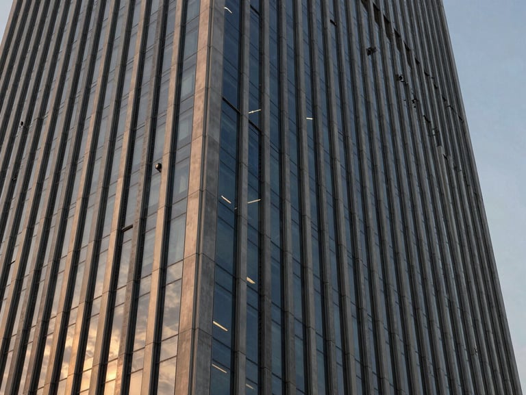 Abstract architectural detail of a modern steel and glass skyscraper facade in Gurgaon, sharp angles, sunset light reflection, deep navy tones