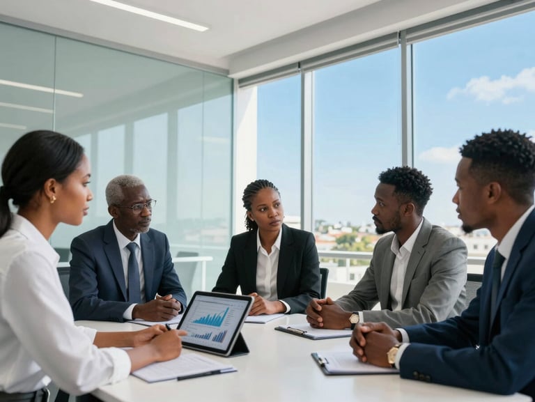 A professional business meeting in a bright Dakar office, modern glass windows, financial charts on a tablet, natural daylight