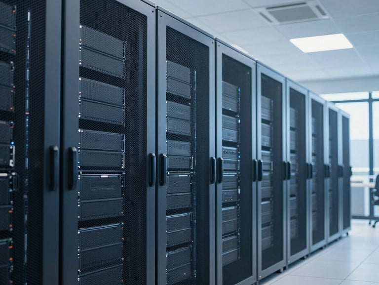 Intérieur lumineux d'un datacenter moderne en Afrique de l'Ouest, serveurs alignés, éclairage bleu épuré.