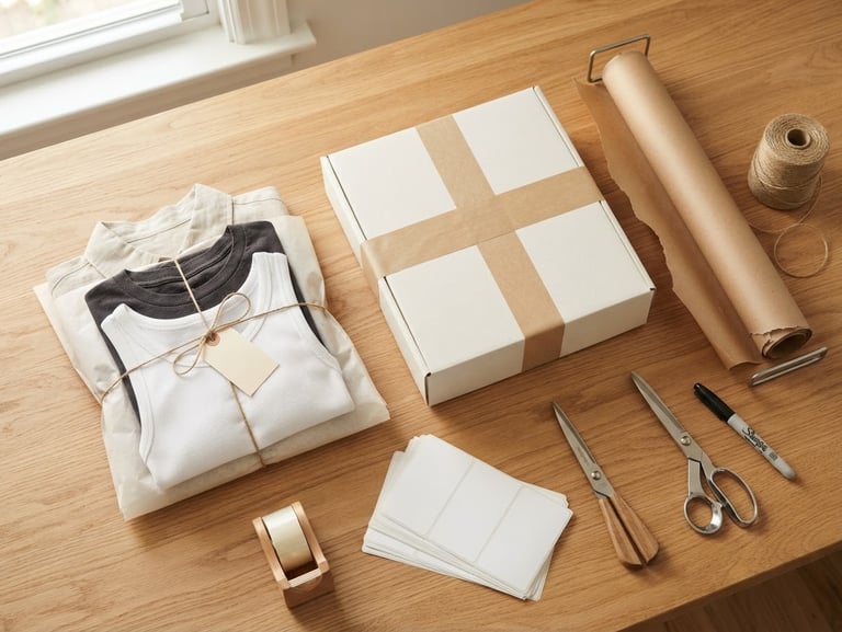 A clean, bright overhead flat lay of neatly folded apparel packages, shipping labels, and a roll of craft paper on a warm wooden workspace in soft natural daylight.