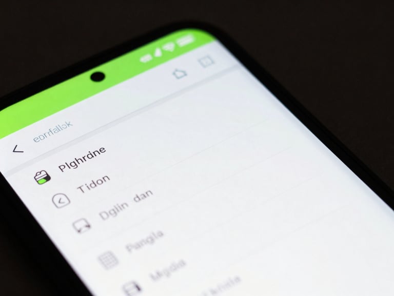 Crisp high-contrast user interface wireframe on an Android screen, low-key studio lighting, deep charcoal background with sharp neon green accents, macro lens