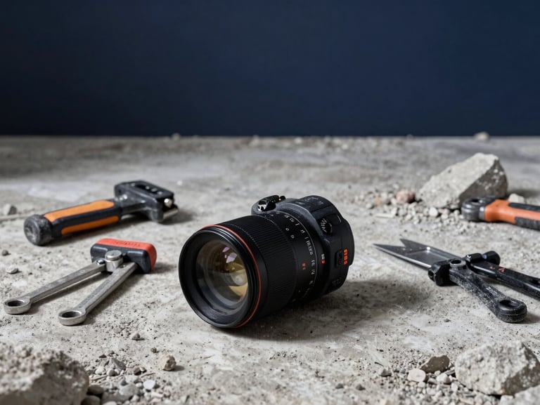 Clean and organized indoor demolition site, concrete dust controlled, professional tools neatly arranged