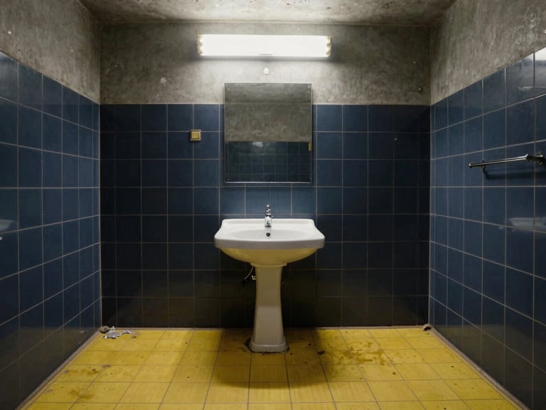 Dull, outdated 1980s Finnish bathroom with yellowing plastic flooring and worn tiles, flat overhead lighting, messy appearance
