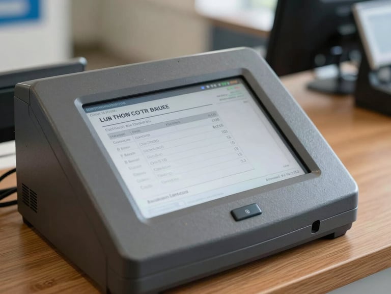 A close-up of an electronic billing terminal displaying a clear receipt printout, sitting on a wooden counter under bright natural light.
