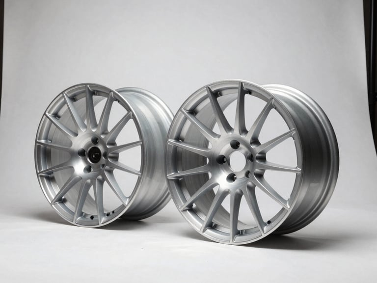 Three-quarter profile studio shot of two forged aluminum wheels side by side on a stark white ground, hard controlled strobe light from the right casting sharp spoke shadows, one wheel slightly closer showing spoke detail evolution between model generations, no car context, overhead grid framing