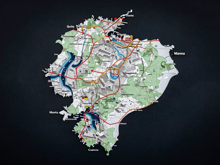 Mapa estilizado de Ecuador con líneas de ruta técnica interconectando Quito, Guayaquil, Cuenca y Manta sobre un fondo técnico oscuro.