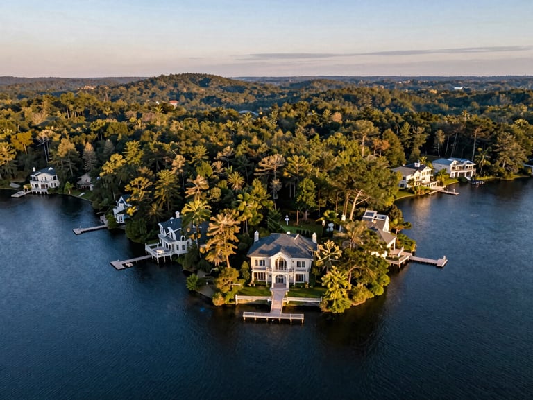 An aerial drone perspective of a wooded peninsula on Eagle Mountain Lake during golden hour, luxury estates nestled among dense trees with private docks extending into deep blue water.