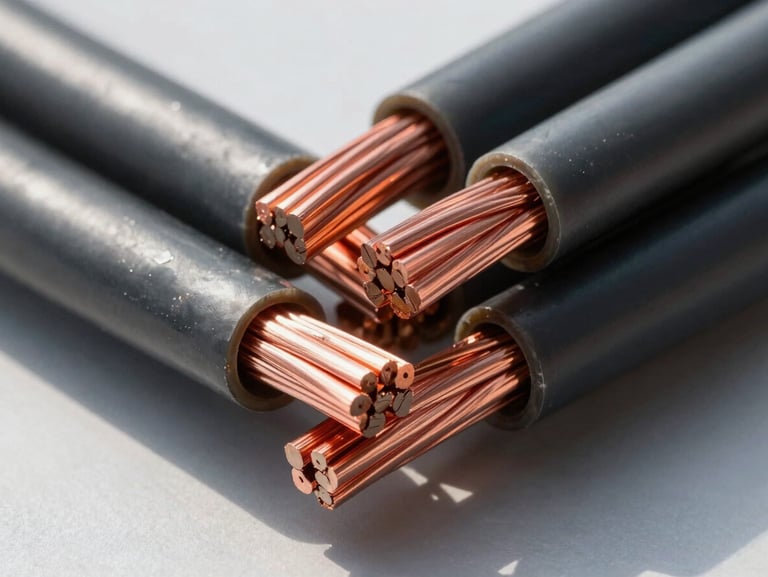 Thick industrial power cables stripped to show copper core, sharp focus, 35mm lens