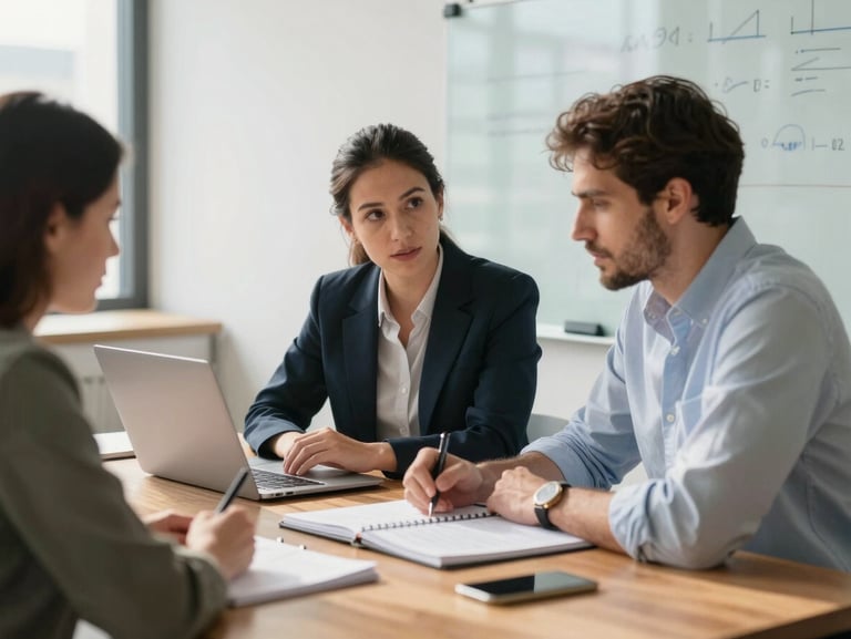 Plan medio de dos profesionales de finanzas analizando flujos de trabajo en una pizarra de cristal, oficina luminosa con luz natural suave, cuadernos ordenados sobre la mesa de madera.