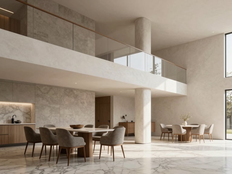 Render interior de sala comedor de doble altura, luz natural suave, pisos de mármol nacional, muros de block térmico