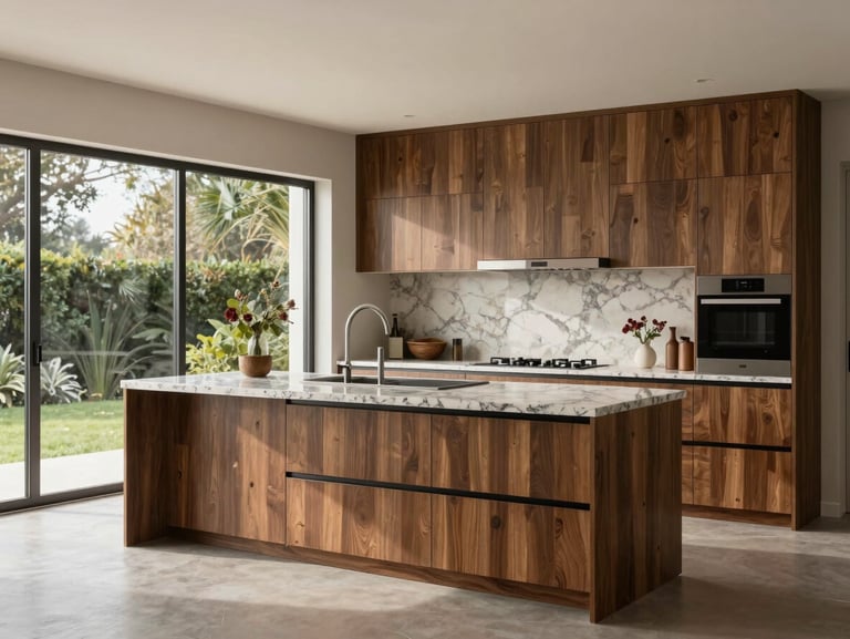 Render interior de cocina premium con barra de granito, carpintería de encino, ventanales de piso a techo hacia el jardín
